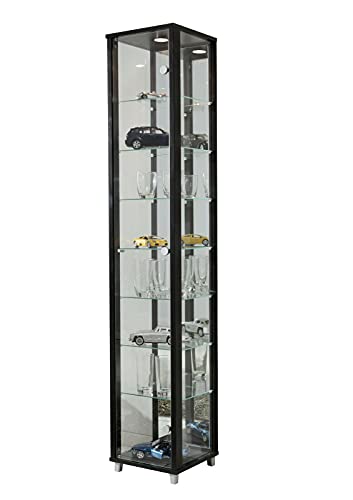 VR-Wohnwelten Glasvitrine (172x32x33 cm) in Schwarz mit 7 Glasböden, Spiegel und LED - Modellauto Vitrine Schwarz - Vitrinenschrank Schwarz - Sammlervitrine - Wohnzimmerschrank Regal Wand Schrank von K-Möbel