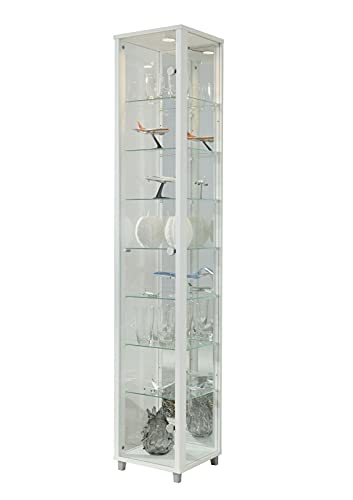 VR-Wohnwelten Glasvitrine (172x32x33 cm) in Weiss mit 7 Glasböden, Spiegel und LED - Modellauto Vitrine Weiß - Vitrinenschrank Weiss - Sammlervitrine Weiß - Wohnzimmerschrank Regal Wand Schrank von K-Möbel