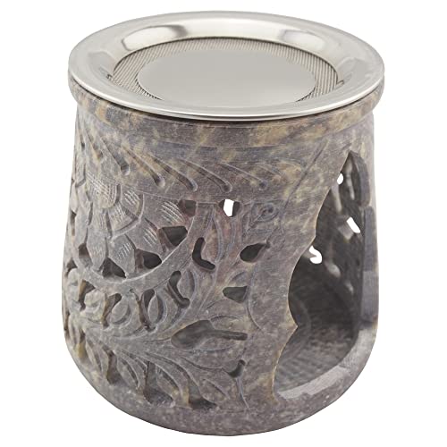 Räucherstövchen aus indischem Speckstein mit Edelstahl-Sieb und Metallscheibe – Design „Jamal – H 10 cm (graublau-marmoriert) von K W