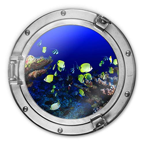 Glasbild rund 3D-Optik Bullauge Bunte Fische Ozean Badezimmer Bilder Korallen WC Ø50cm Glasposter von K&L Wall Art