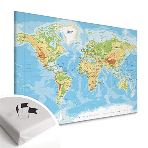 Leinwandbild mit Korkrückwand Topografische Weltkarte Pinnwand Memoboard Kork Wandbild Kontinente Erde Länder Karte mit Aufhängematerial 100x70cm von K&L Wall Art