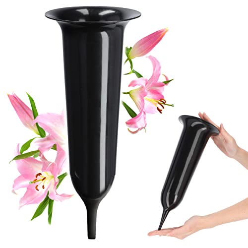 KADAX Grabvase, Vase aus Kunststoff, Blumenvase, Kunststoff-Vase für Blumen, wetterfeste Friedhofsvase, frostsicher Steckvase für Grab, witterungsbeständiger Grabschmuck (12cm, mit Erdspieß, schwarz) von KADAX