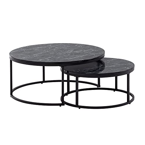 KADIMA DESIGN Couchtisch-Set mit Marmor-Optik: Eichenholz, Metallgestell, 80x80x36 cm & 60x60x26 cm, ineinanderschiebbar Farbe: Schwarz von KADIMA DESIGN