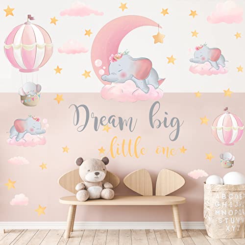 KAIRNE Rosa Babyzimmer Wandsticker,Baby Elefant Wandtattoo,Wandtattoo Kinderzimmer Mädchen,Heißluftballon Wandaufkleber,Tiere Kinder Warme Zitate Wandsticker Mädchen Schlafzimmer Wanddeko Geschenk von KAIRNE