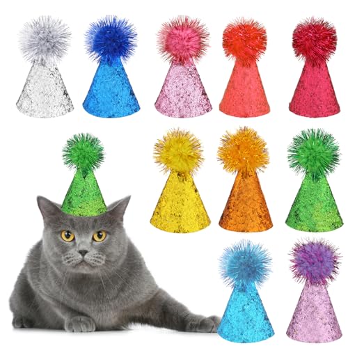 KALIONE 10 Packungen Katzen-Geburtstagshut, Partyhüte für Hunde, mehrfarbige Katzenhüte, Mini-Partyhüte, niedlicher Welpenhut mit Pompons, verstellbare Stirnbänder, Geburtstagshüte für Kätzchen, von KALIONE