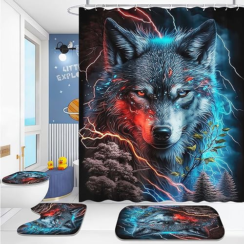 KARPIX 4-teiliges Wolf Duschvorhang-Sets Waldmond Duschvorhang 180x200 Wald Mond Wolf Wasserdicht Polyester Stoff Bad Vorhäng mit 12 Haken (1,180x180cm) von KARPIX