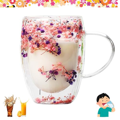 KARPIX Getrocknete Blumen Doppelwandige Tassen, Kaffeetassen Glas Doppelwandig mit Blumen, Kaffeetasse Mit Trockenblumen, Blumenbecher für Tee, Milch, heiße oder kalte Getränke (A) von KARPIX