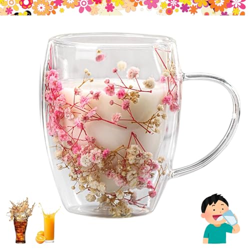 KARPIX Getrocknete Blumen Doppelwandige Tassen, Kaffeetassen Glas Doppelwandig mit Blumen, Kaffeetasse Mit Trockenblumen, Blumenbecher für Tee, Milch, heiße oder kalte Getränke (C) von KARPIX