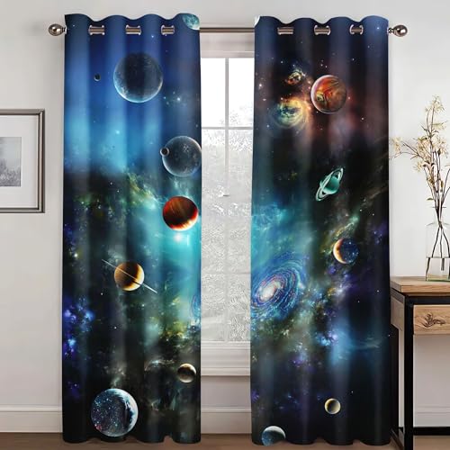 KARPIX Universum Planet Fenstervorhang Weltraum Sternenklar vorhänge Mit Ösen Blickdicht Gardine Für Kinder Und Jugendliche, 2 Paneele (1,183x160cm(2x91x160cm)) von KARPIX