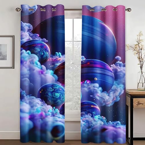 KARPIX Universum Planet Fenstervorhang Weltraum Sternenklar vorhänge Mit Ösen Blickdicht Gardine Für Kinder Und Jugendliche, 2 Paneele (9,100x140cm(2x50x140cm)) von KARPIX