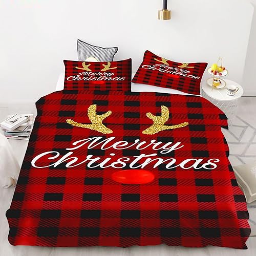 KARPIX Weihnachten bettwäsche 135x200 Rot Rentiere Mikrofaser Bettbezug Rot Karierte Bettwaren Cartoon Hirsch Betten Set Mit 2 Kissenbezug (2,Double 200x200CM) von KARPIX