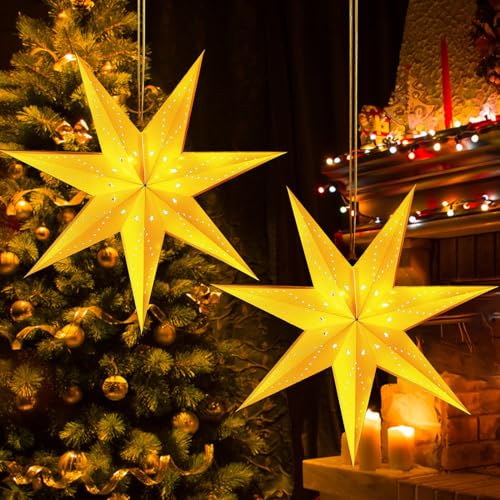 2 Stück Faltstern Weihnachten Papierstern Lampenschirm, 35cm Papiersterne zum Aufhängen, Weihnachtssterne Beleuchteter, Faltsterne Weiß Papierstern Beleuchtet, Sterne Papier zum Fenster Dekoration (B) von KATELUO