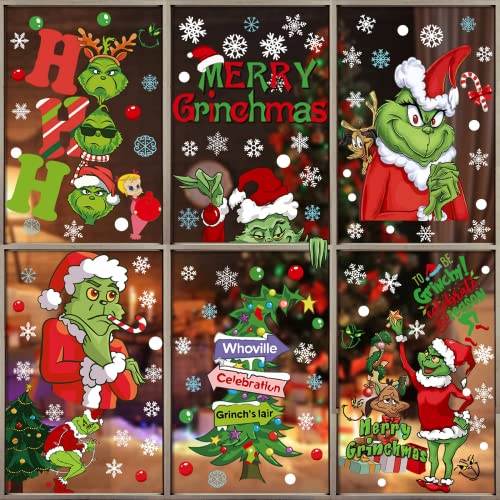 Grinch Weihnachtsaufkleber, 9 Blätter Grinch Fensteraufkleber, Weihnachten Fenster Silhouette, Grinch Weihnachtsdekorationen, Winter Urlaub Fensterdekorationen für Büro, Zuhause, Schule von KATELUO