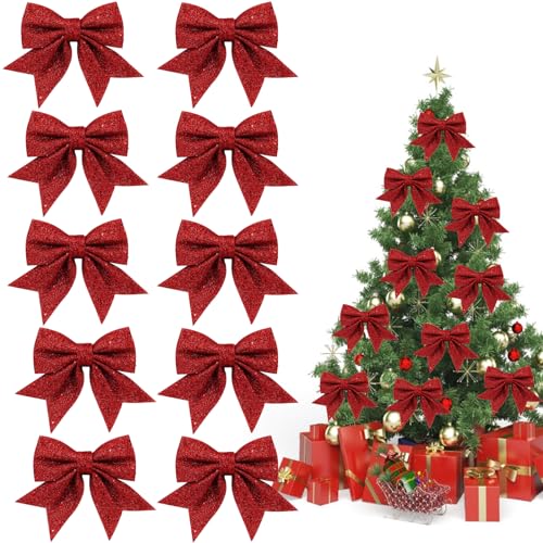 KATELUO 10 Stück Rote Schleifen Weihnachten,Glitzer Schleifen,Glitzer Weihnachtsbaum Schleifen,weihnachtsschleifen Dekoration,für Weihnachten,Party,Baumkranz Dekorationen,Geschenk von KATELUO