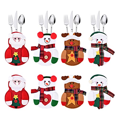 KATELUO 8 Stück Weihnachten Besteckhalter Bestecktasche Weihnachtsdeko Bestecktaschen Besteck Halter (Weihnachtsmann + Rentier + Schneemann), zum Dekorieren von Weihnachtsfeiern und Esstischen von KATELUO