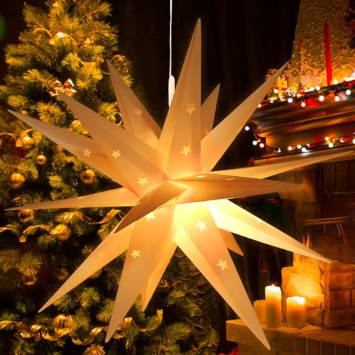 Leuchtstern 3D Weihnachtsstern Beleuchtet, 35cm LED Weihnachtsstern mit Timer für innen und Außen, 3D Außenstern Weiß Weihnachtssterne Beleuchteter, Faltstern für Fensterstern Deko Weihnachtsdeko (B) von KATELUO