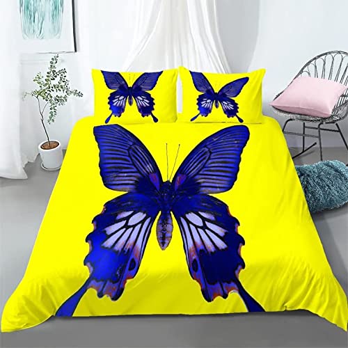 KAYAMU Bettwäsche 135x200 Blauer Schmetterling, 3D Bettwäsche-Sets Microfaser Bettbezug Gelb, Weiche und Kuschelige Kinderbettwäsche und 2 Kissenbezug 80x80 cm von KAYAMU