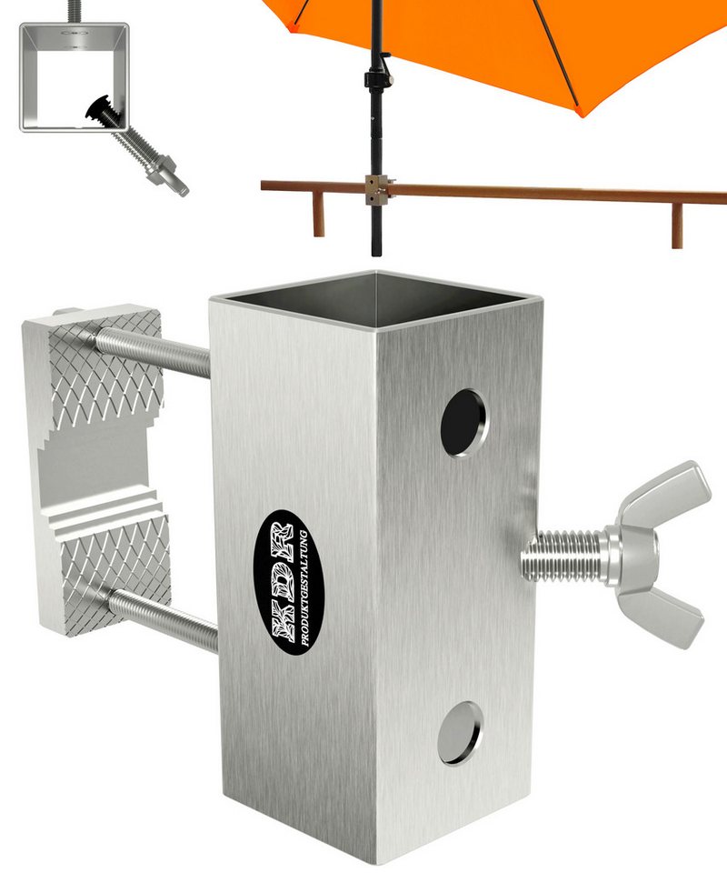 KDR Produktgestaltung Schirmhalter Sonnenschirmhalter Balkongeländer Halterung Sonnenschirm aus Edelstahl, für Stöcke bis Ø 38 mm von KDR Produktgestaltung