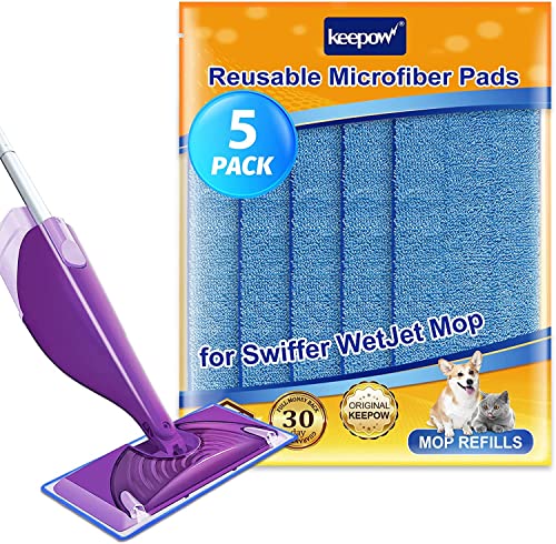 KEEPOW 5 Microfaser Reinigung Pads für Swiffer WETJET, Waschbare und Wiederverwendbare Nachfüllungen, Nass- und Trockengebrauch Mop Pads für Hartholz, Laminat, Fliesen, 5 Stück (30×14cm) von KEEPOW