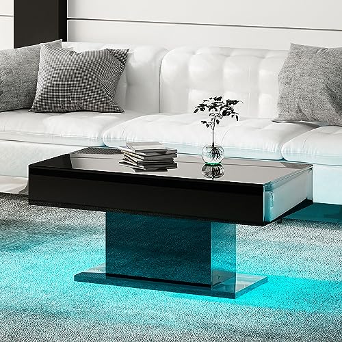 KEEPREAPER Couchtisch Wohnzimmertisch schwarz Hochglanz, Sofatisch mit LED Beleuchtung modern für Wohnzimmer, 110x55x50cm/USB (Schwarz-CT20) von KEEPREAPER