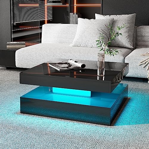 KEEPREAPER Couchtisch Wohnzimmertisch schwarz Hochglanz, Sofatisch mit LED Beleuchtung modern für Wohnzimmer, 78 x 78 x 35,5cm (Schwarz-CT10) von KEEPREAPER