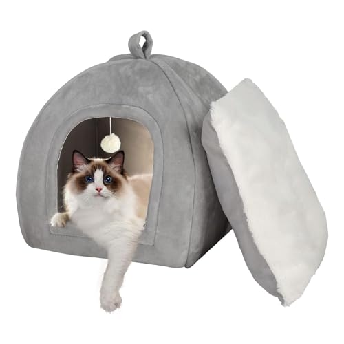 KEEPREAPER Katzenhöhle XL große Katzen mit Flauschige Bälle, Katzenbett flauschig kuschelhöhle mit Kissen waschbar, Katzenhaus Indoor klappbar mit Handle, Samt, Hellgrau, 40x40x44cm von KEEPREAPER