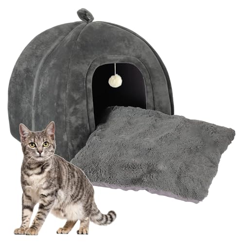 KEEPREAPER Katzenhöhle große Katzen XL grau mit Flauschige Bälle, Katzenbett kuschelhöhle flauschig waschbar, Katzenkorb zum schlafen mit Katzenkissen, Katzenhaus klappbar mit Handle, 40x40x44cm von KEEPREAPER