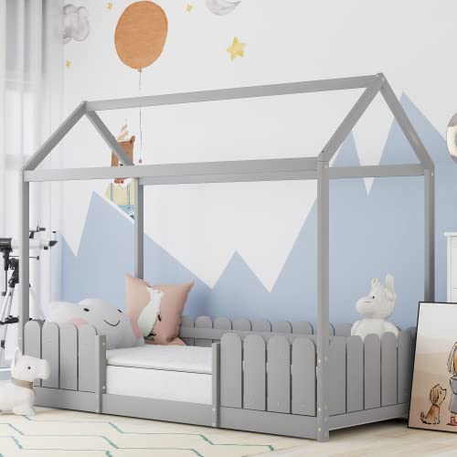 KEEPREAPER Hausbett Kinderbett 90x200 mit Rausfallschutz, Holzbett mit Lattenrost für Jungen & Mädchen, Grau von KEEPREAPER