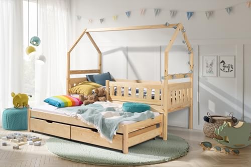 KEF Blanka Kinderbett 90x180 cm - Doppelbett mit Schubladen - Hausbett aus Holz - Babybett mit Zwei Matratzen - Floor Bed - Jugendbett und Mädchenbett für Kinderzimmer - Kiefer von KEF-MEBLE