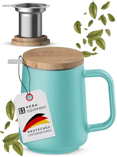 KERA® Teetasse mit Deckel und Sieb - Groß XXL Jumbo - 500ml - Keramik Teebecher - Mate - Kaffee- teetasse Keramikgriff - Edelstahlsieb - (Türkis) von KERA