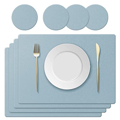 KERYCHIN 4 Platzdeckchen aus Silikon + 4 rutschfest Tischuntersetzer mit Blattmuster Set, Hitzebeständig 230°C, Wasserdicht Platzset für Küche, Zuhause, Restaurant, Speisetisch, 40x30 cm, Hellblau von KERYCHIN