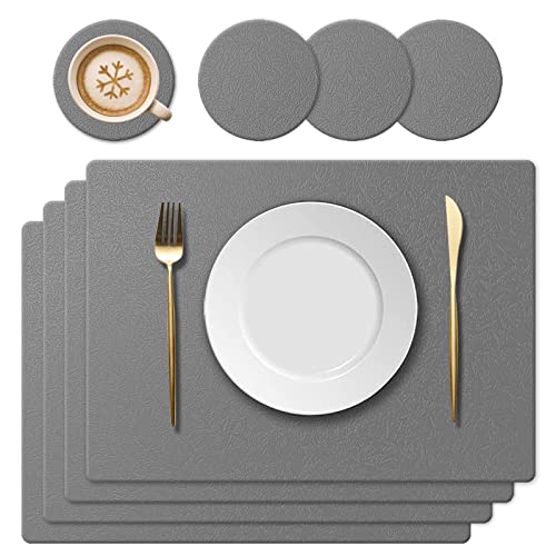 KERYCHIN 4 Platzdeckchen aus Silikon und 4 rutschfest Tischuntersetzer mit Blattmuster, Hitzebeständig 230°C, Wasserdicht Platzset für Küche, Zuhause, Restaurant, Speisetisch, 40x30cm, Dunkelgrau von KERYCHIN