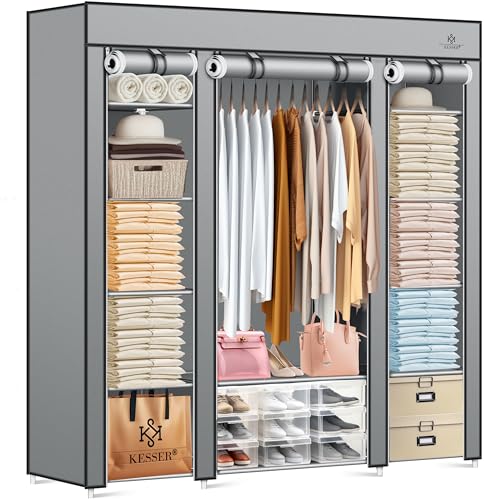 KESSER® Kleiderschrank Stoffschrank Stabil mit Kleiderstange & Ablagen, Inkl. 5X Kleiderbügel, Stoff Faltschrank für Schlafzimmer, Ankleidezimmer Garderobe mit Kleiderständer 150x45x175cm Grau von KESSER