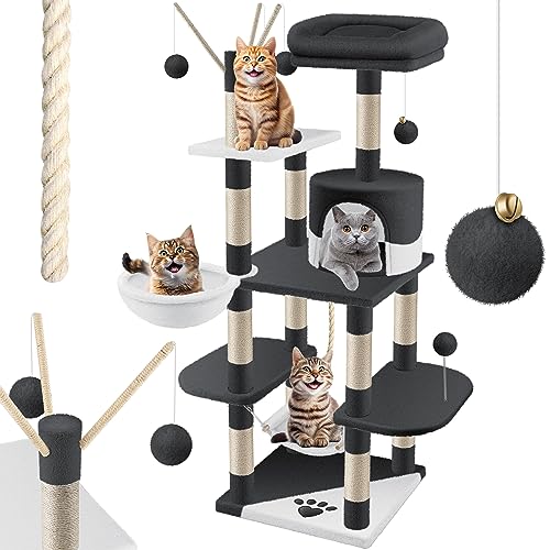 KESSER® Kratzbaum XXL Katzenbaum Kletterbaum, mit Hängematte, Sisalstämmen, Stabil, Höhle, Spielbälle, Spielsisal & Spielseil, Höhe 149cm, mit vielen Kuschel- und Spielmöglichkeiten Grau/weiß von KESSER