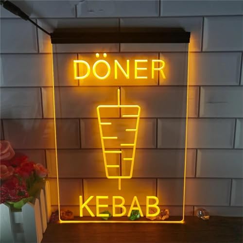 KEYQEEN Doner Kebab LED-Neonschild, Kebab-Laden-Restaurant, 3D-Neonlichter für Wanddekoration, USB-betriebenes Leuchtschild,Gelb,30x20cm von KEYQEEN