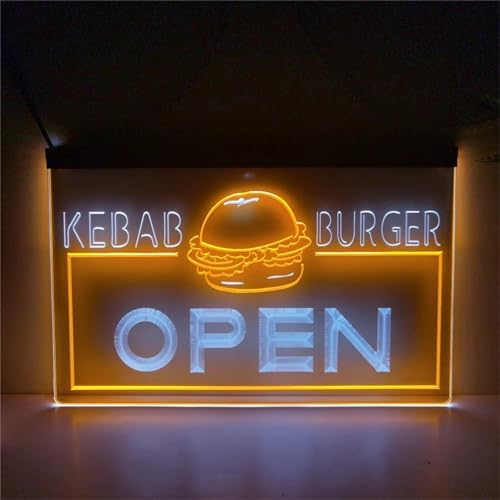 KEYQEEN Kebab Burgers Shop offenes LED-Neonschild, USB-betriebene zweifarbige Neonlichter für Restaurant-Wanddekoration, leuchtendes Schild,White orange,30x20cm von KEYQEEN