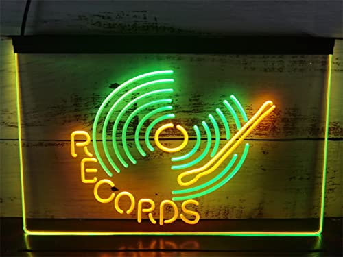 KEYQEEN Records LED-Neonschild, Plattenspieler-DJ-Bar, zweifarbiges Display, Wanddekoration, USB-dimmbare Neonlichter, leuchtendes Schild,Green Yellow,40x30cm von KEYQEEN