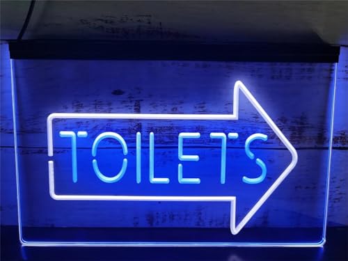 KEYQEEN Unisex-Toilette mit Pfeil nach rechts, LED-Leuchtreklame, USB-betriebene zweifarbige Neonlichter für öffentliche Toiletten, Wanddekoration, leuchtendes Schild,White Blue,30x20cm von KEYQEEN