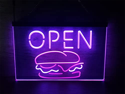 KEYQEEN Open Burgers LED-Neonschild, Fast-Food-Shop, Restaurant, Plakatwand, Wanddekoration, USB-dimmende Neonlichter, Acryl-Leuchtschild,Red Purple,30x20cm von KEYQEEN