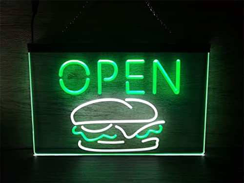 KEYQEEN Open Burgers LED-Neonschild, Fast-Food-Shop, Restaurant, Plakatwand, Wanddekoration, USB-dimmende Neonlichter, Acryl-Leuchtschild,White Green,40x30cm von KEYQEEN