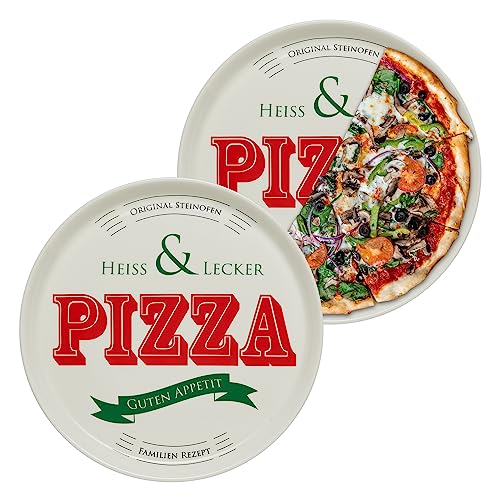 KHG 2er Set Pizzateller, extra groß mit 30cm Durchmesser in Heiss & Lecker Print, perfekt für Gastro und Zuhause, hochwertiges Porzellan, Spühlmaschinengeeignet & perfekt Stapelbar von KHG