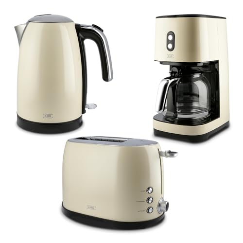 KHG Retro Frühstücksset | Toaster 2 Scheiben mit Brötchenaufsatz, 7 Bräunungsstufen 800W | Wasserkocher 1,7 Liter mit Abschaltautomatik 2200W | 2-teilig Creme von KHG