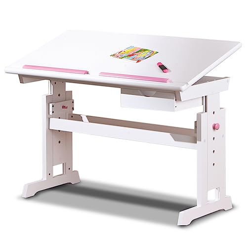 KHG Schreibtisch weiß Kiefer Echtholz 6-Fach höhenverstellbar mit neigbarer Tischplatte 109 x 96 x 55 cm von KHG