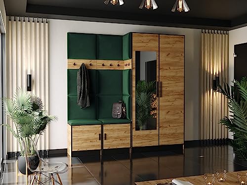 KIER FURNITURE Garderobe mit Sitzfläche Roj21 - Gepolstertes Paneel an Seite des Schrankes - Kleiderschrank aus Laminierter Spanplatte - Höhe 205 cm - 211,2x205x39 cm Eiche Craft Gold + Stoff Grün von KIER FURNITURE