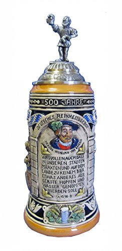 Bierkrug 500 Jahre Reinheitsgebot, kobalt, bunt, mit Bierbrauerdeckel 1 Liter Bierseidel KI 519/F 1L von KING