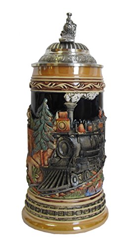 KING Eisenbahn Bierkrug, kobalt, bunt, mit Zinn-Eisenbahndeckel, 0,5 Liter Bierseidel von KING