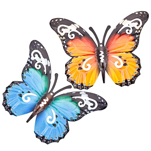 KINGOZOYI 2 Stücke Schmetterlinge Deko Groß, Metall Schmetterlinge Garten Deko für Draußen Zäune Schuppen Wände - 27 x 22cm, Blau und Gelb von KINGOZOYI