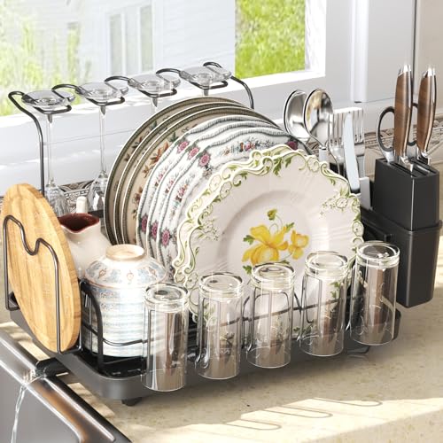 KINGRACK Compact Dish Drying Rack - Geschirrkorb für Küchentheke mit Besteck & Tassenhalter & Schneidebrettständer und Abtropfschale, Schwarz von KINGRACK