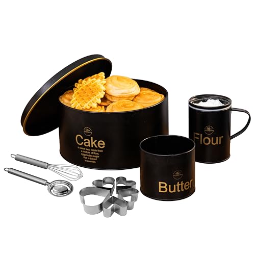 Kitchen Academy Kuchenbutter-Mehlkanister & Aufbewahrungsset Dekoratives 6-teiliges Küchendosen-Set mit Edelstahl-Schneebesen, Sieb & 5 herzförmigen Kuchenformen, Schwarz von Kitchen Academy