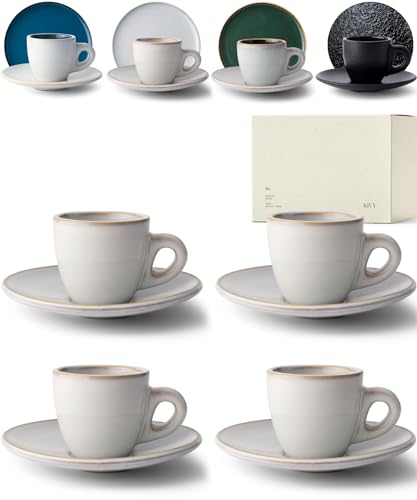KIVY Espressotassen Set [4 x 75ml] - Handgefertigt aus dickwandigem Steingut Tasse - Espresso Tassen Set mit Untertasse - Espressotassen dickwandig italienisch - Espressotasse Beige Grau - Mokkatassen von KIVY